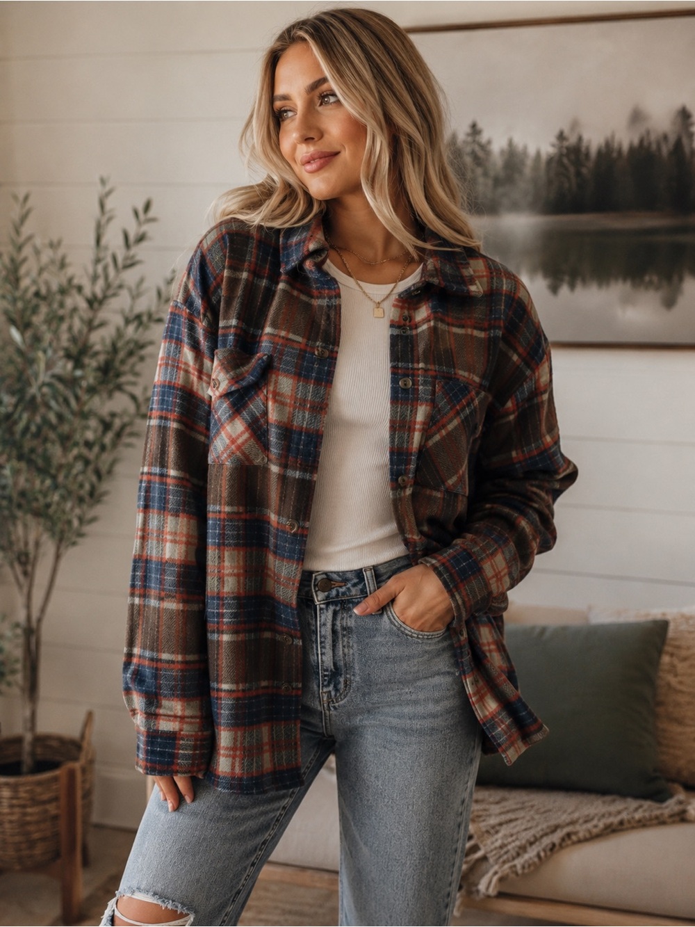 Staccato Brown, Navy & Cream Plaid Button-Up Shacket